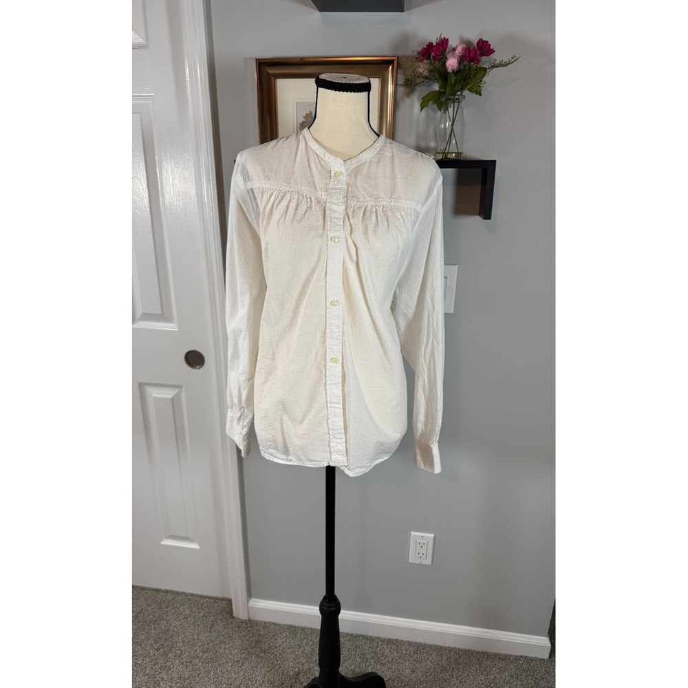 Free Assembly Women XL Cream White Seersucker Band Collar Button Down Blouse Top